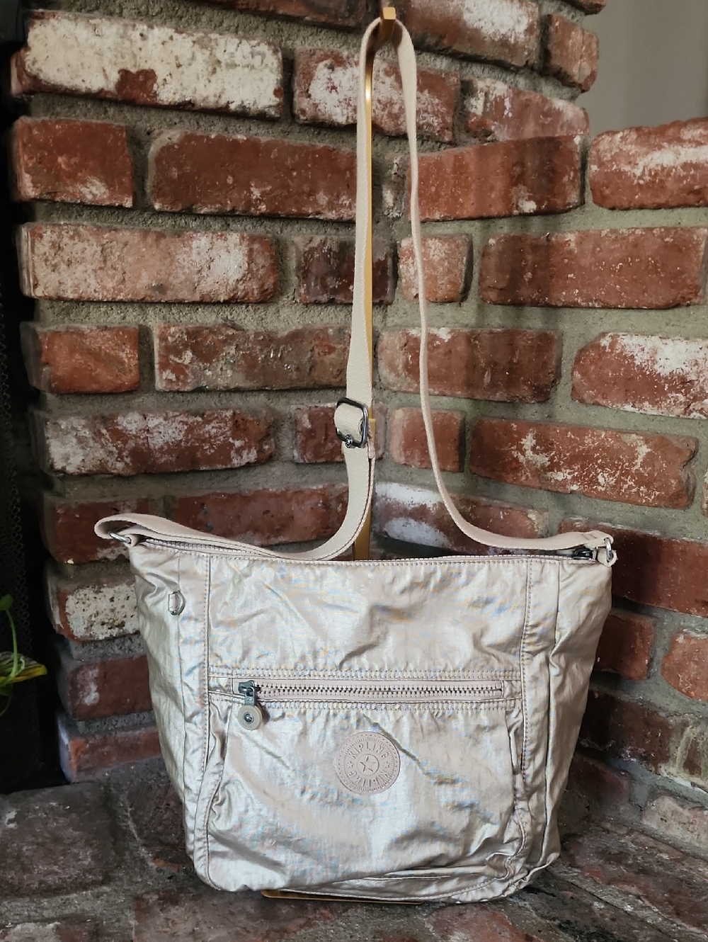 Kipling Metallic Rose Gold Beige Crossbody Bag Nylon Lightweight Travel Purse
